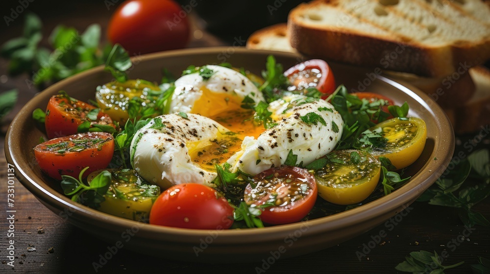 a plate with freshly cooked eggs and tomatoes accompanied by a loaf of crusty bread a plate with freshly cooked eggs and tomatoes accompanied by a loaf of crusty bread