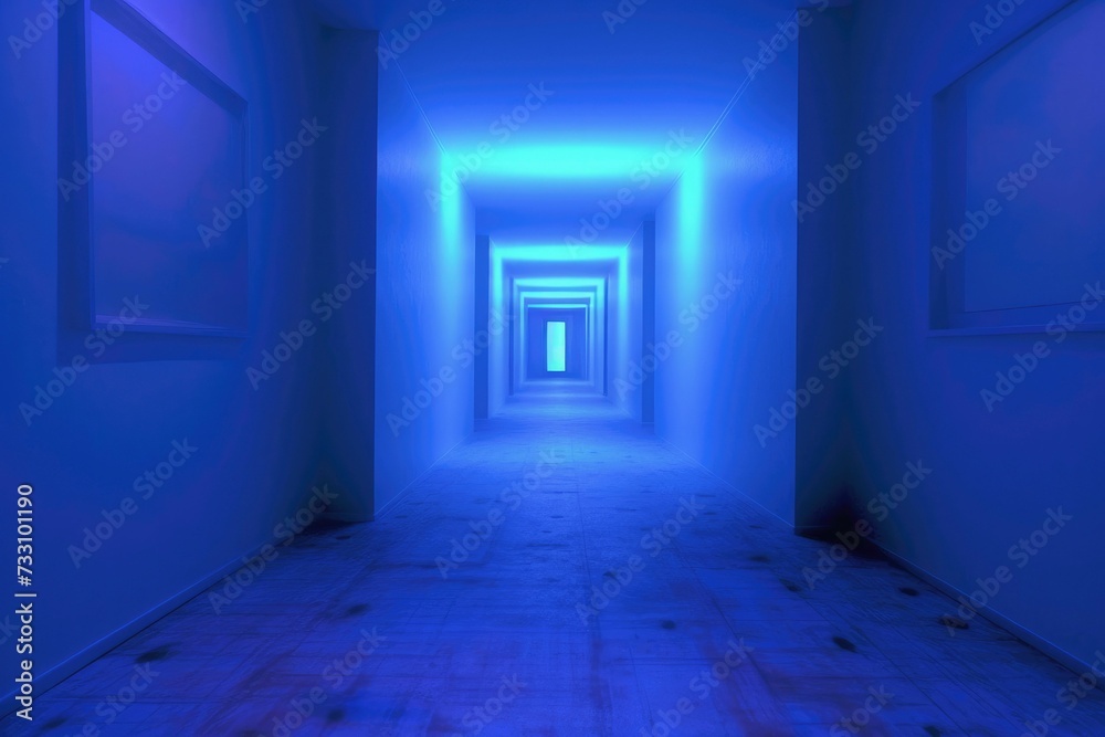 AI-generated illustration of a corridor with a blue ambient light radiating throughout the space AI-generated illustration of a corridor with a blue ambient light radiating throughout the space