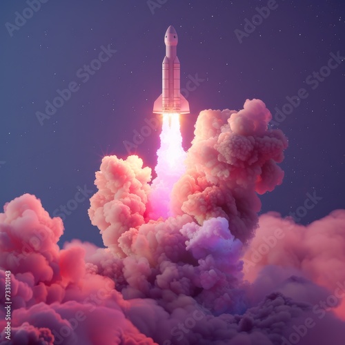 A stylized rocket launching in an abstract environment