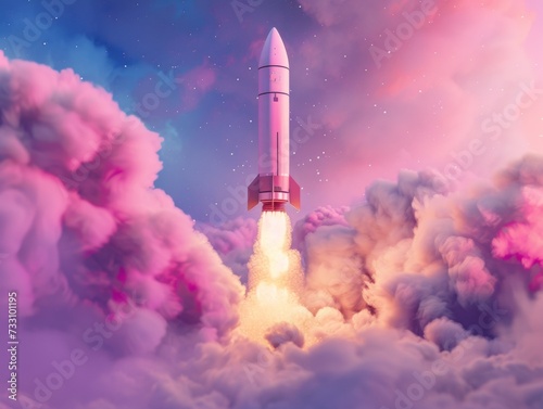 A stylized rocket launching in an abstract environment