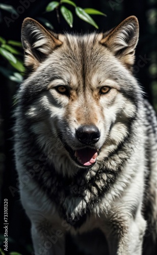 Gray wolf standing in a forest setting, looking directly at the camera. AI-generated.