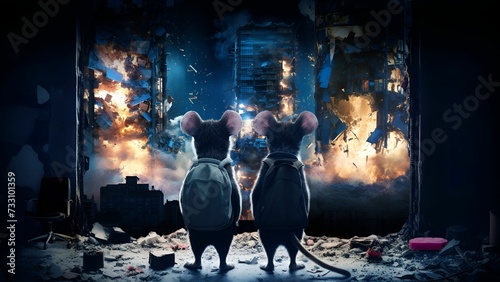 AI generated illustration of two small rodents standing in front of a cityscape engulfed in flames photo