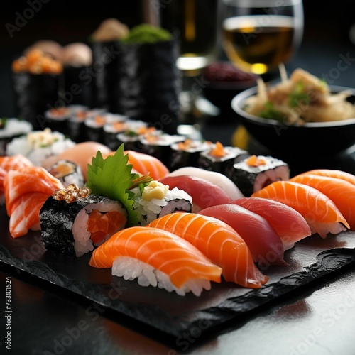 AI generated illustration of an array of traditional sushi on a black board