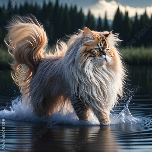 AI generated illustration of an adorable domestic cat walking through shallow water © Wirestock