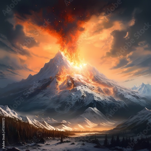 Majestic Volcano Eruption with Fiery Lava Exploding Against Twilight Sky