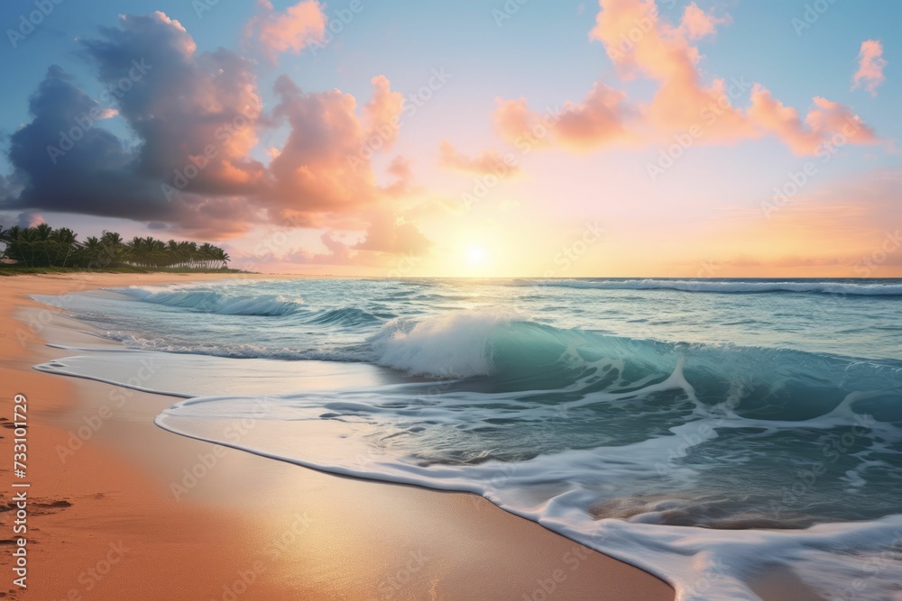 AI generated illustration of sunrise at the beach with waves rolling in