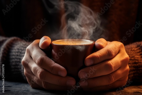 AI generated illustration of the hands of a person holding a steaming cup of warm coffee