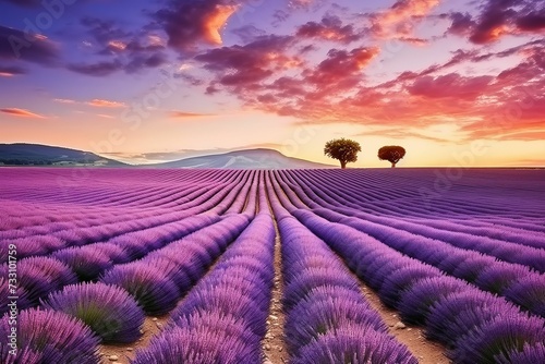 AI generated illustration of an idyllic sunset landscape featuring a field of blooming lavender