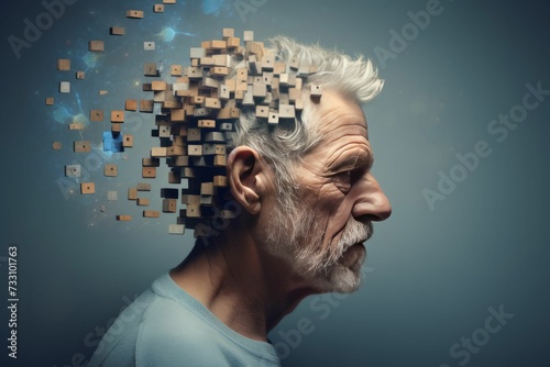 AI generated illustration of senior man with fragmented head, the ravages of dementia photo