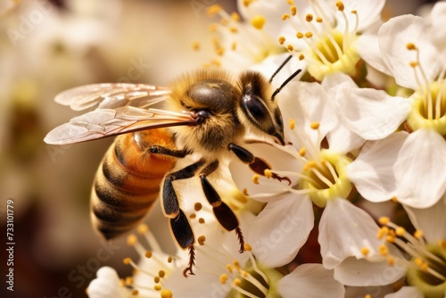 AI generated illustration of a bee meticulously collecting pollen, its legs dusted with grains