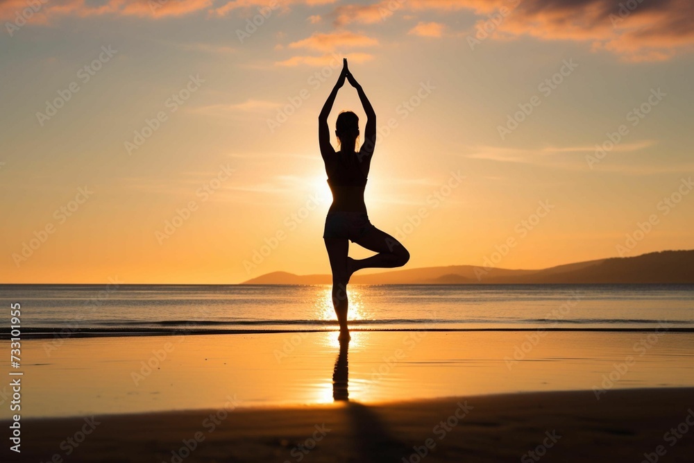 AI generated illustration of a female silhouette on the beach in a yoga pose