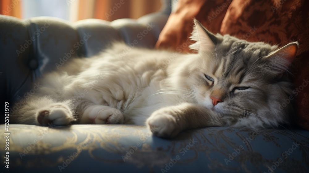 Serene cat reclining on a plush cushion.