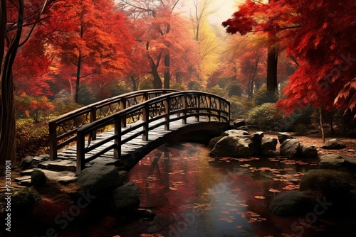 AI generated illustration of a bridge spanning a tranquil stream surrounded by lush trees