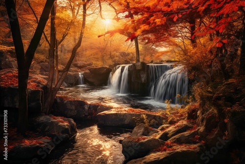 AI generated illustration of a waterfall cascading down into an autumnal wooded area