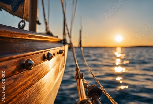 AI generated illustration of a wooden boat in the sea at sunny day