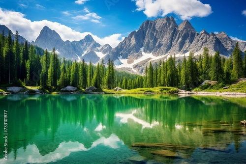 AI generated illustration of a lake surrounded by green forests and snow-capped mountains