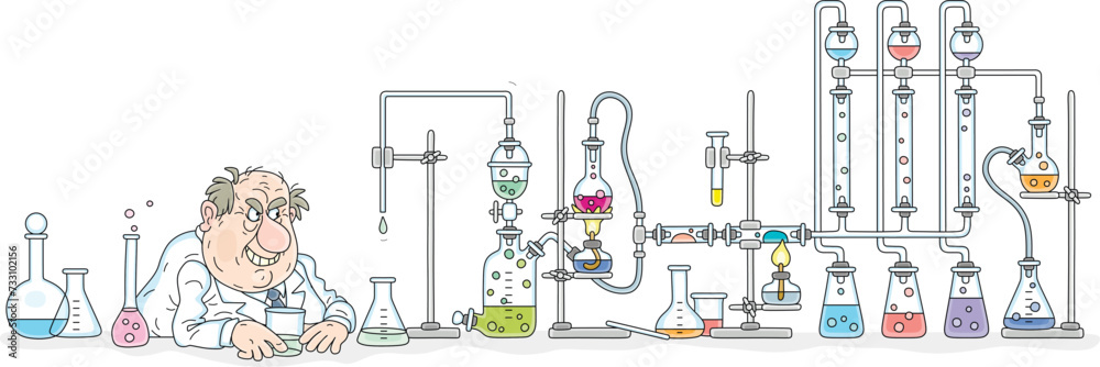 Funny angry chemist with glass flasks, reagents and equipment during an amusing chemical experiment in a scientific laboratory, vector cartoon illustration on a white background