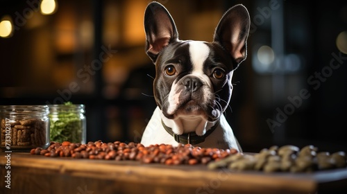 AI generated illustration of a French bulldog sitting near a dog feeder with probiotics