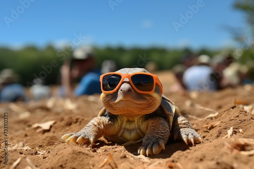 Chelonian wearing sunglasses perched atop a hill, AI-generated.