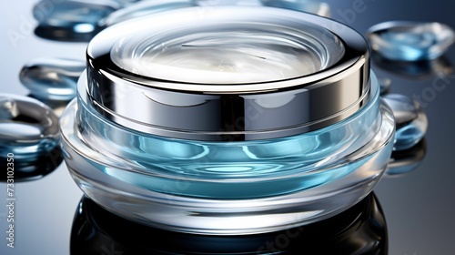 AI-generated illustration of a close-up of a blue glass jar on a glass surface