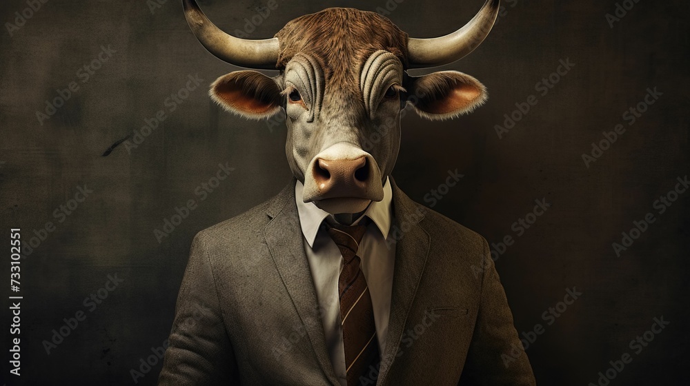 AI generated illustration of an ox dressed in classic suit - obrazy, fototapety, plakaty 