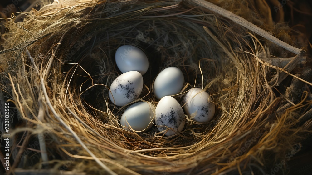 AI generated illustration of fresh eggs laid out in a rustic nest made of straw