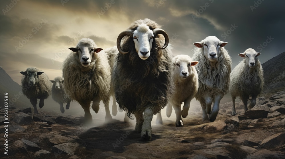 Fototapeta premium AI generated illustration of a group of goats and sheep running up a steep, rocky hillside