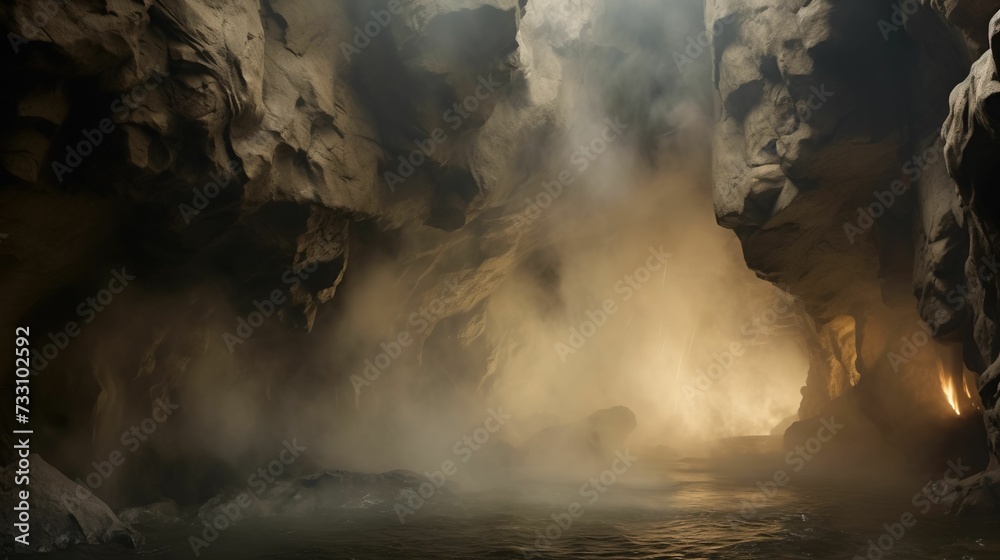Expansive cave illuminated by a light source at the end, enveloped in a misty fog, AI-generated.