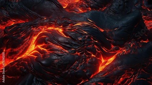 Field of lava rocks, illuminated by molten fire, AI-generated.