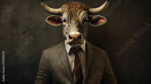 AI generated illustration of an ox dressed in classic suit photo