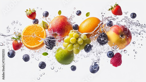 An array of fresh fruits suspended in a dynamic splash of water  highlighting the essence of freshness and vitality AI Generative.