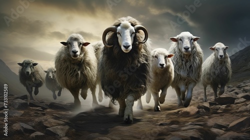 AI generated illustration of a group of goats and sheep running up a steep, rocky hillside