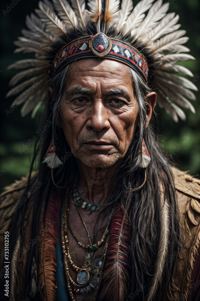 Naklejka premium AI generated illustration of a portrait of old native shaman wearing feather headdress