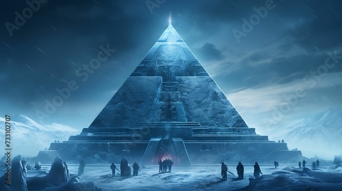 AI generated illustration of an ethereal frozen winter landscape with a pyramid