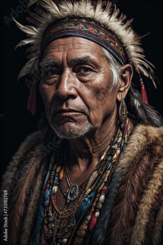 AI generated illustration of a portrait of old native shaman wearing feather headdress