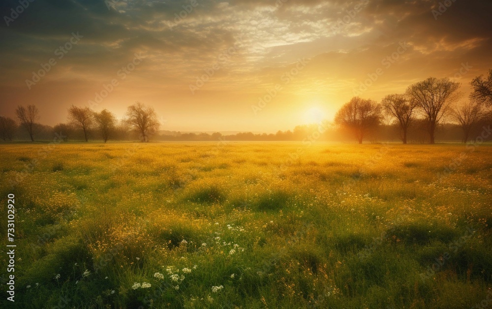Obraz premium Sunrise over a field in the countryside, AI-generated.