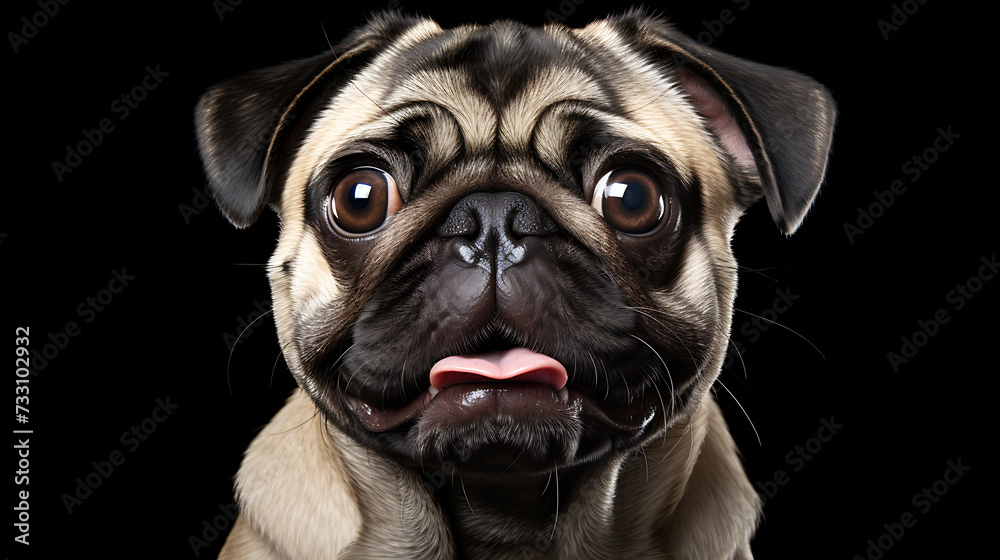 Pug with a wrinkled face and adorable tongue-out expression