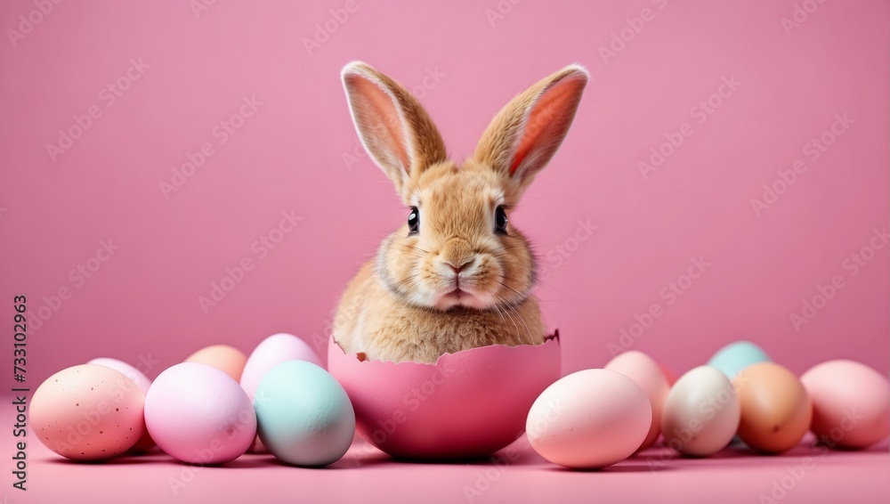 Cute Easter bunny hatching from pink Easter egg isolated on pastel pink background with copy space, Happy Easter banner with adorable rabbit