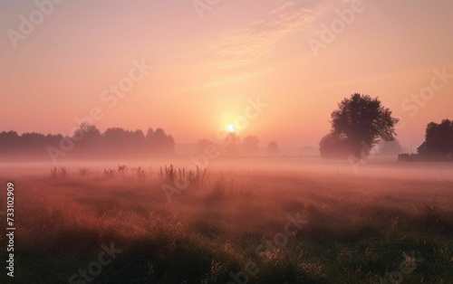 Sunrise over a field in the countryside, AI-generated.