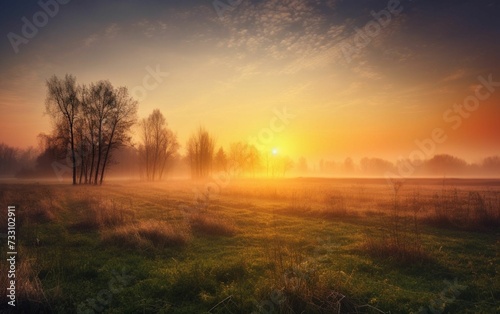Sunrise over a field in the countryside, AI-generated.