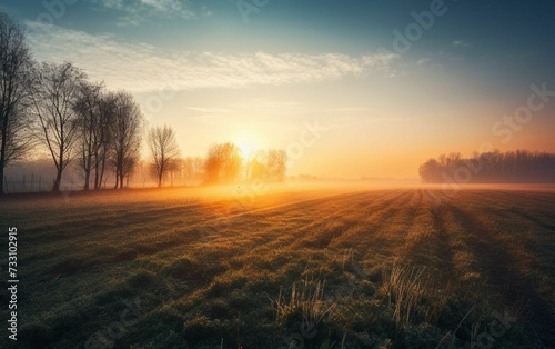 Sunrise over a field in the countryside, AI-generated.