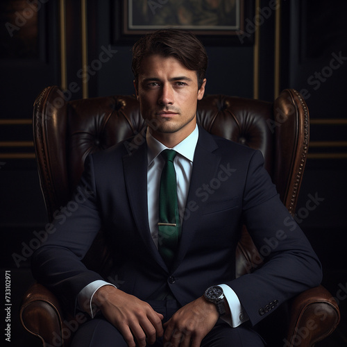 Portrait of a classic rich young businessman, coming from a long and powerful family. Handsome male model shoot in a classy house. He is wearing an expensive suit an watch. 
