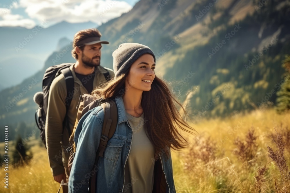 AI generated illustration of a young man and woman enjoying a leisurely hike in the mountain range AI generated illustration of a young man and woman enjoying a leisurely hike in the mountain range
