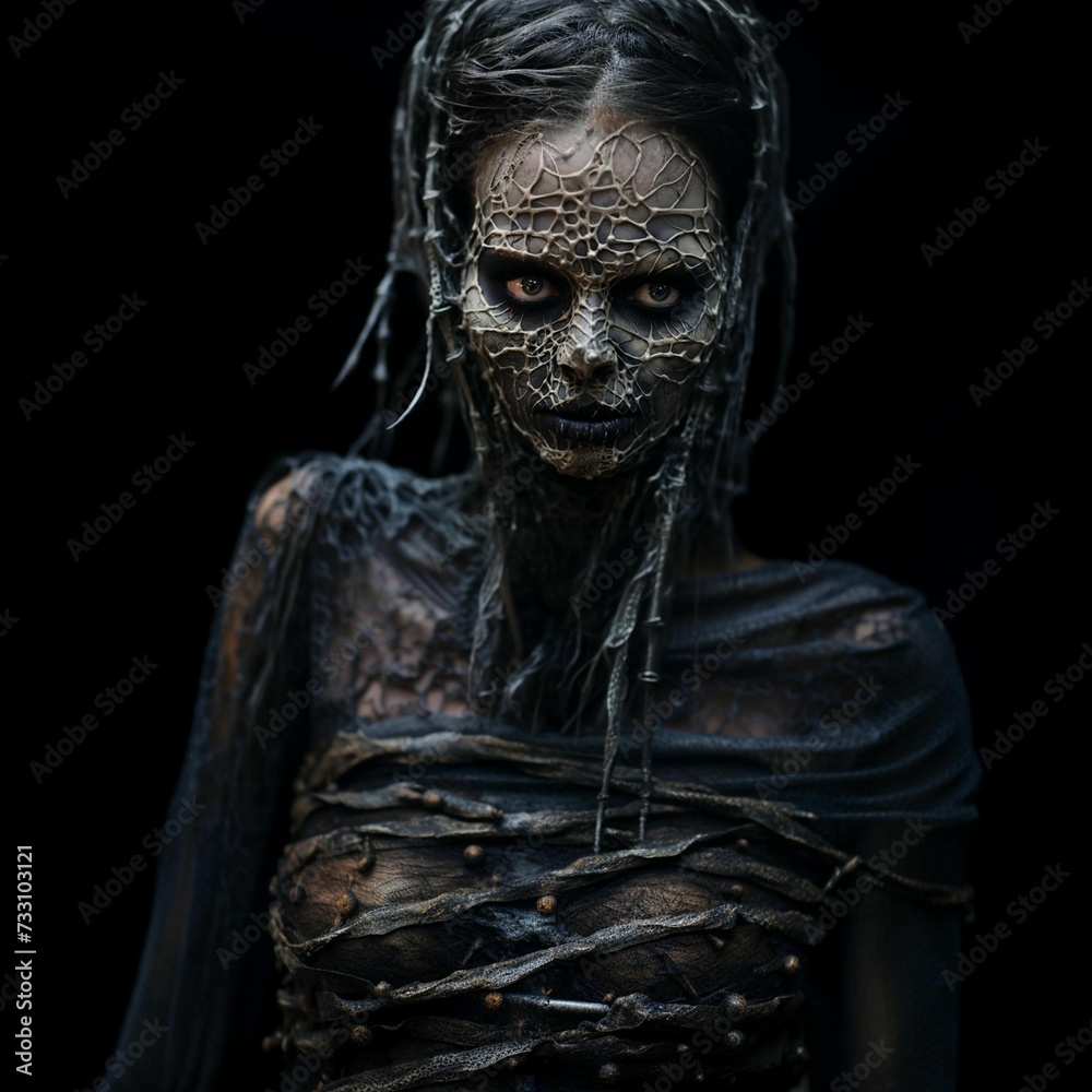 AI generated illustration of a woman wearing a sinister costume on a dark background AI generated illustration of a woman wearing a sinister costume on a dark background