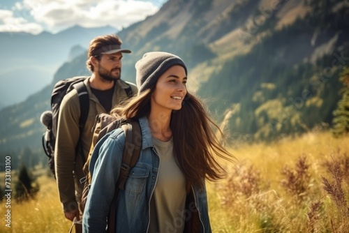 AI generated illustration of a young man and woman enjoying a leisurely hike in the mountain range