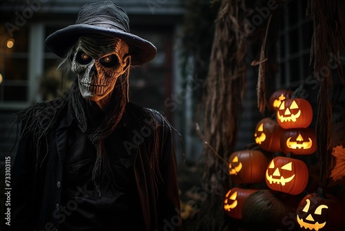 AI generated illustration of a zombie in a black witch hat in an eerie environment on Halloween photo