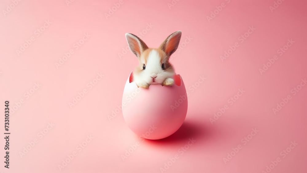 Cute Easter bunny hatching from pink Easter egg isolated on pastel pink background with copy space, Happy Easter banner with adorable rabbit Cute Easter bunny hatching from pink Easter egg isolated on pastel pink background with copy space, Happy Easter banner with adorable rabbit