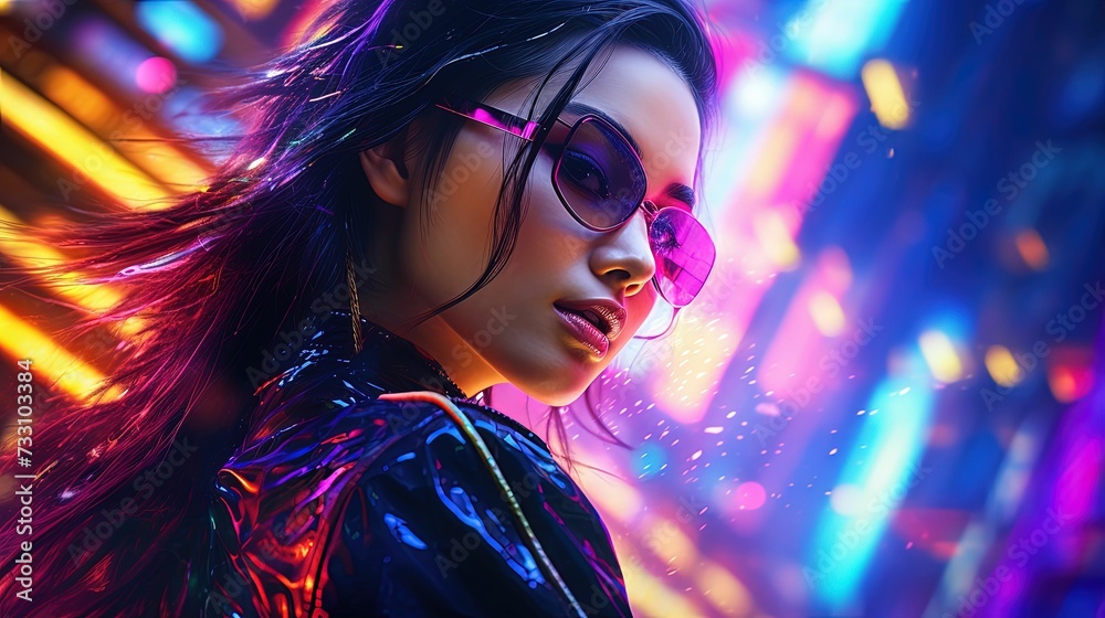 Fototapeta premium Woman against a backdrop of bright lights, wearing a stylish jacket and sunglasses. AI-generated.