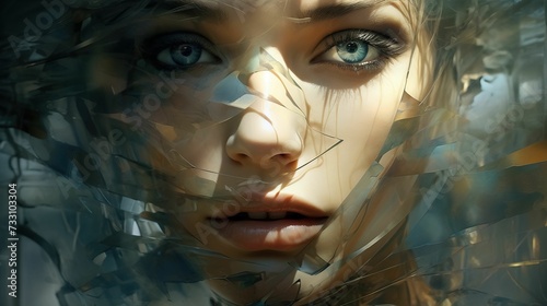 young female face with blue eyes in an abstract style