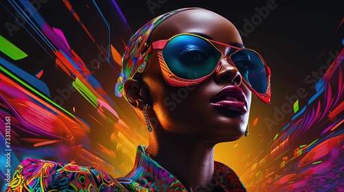Young African woman against a backdrop of bright lights, wearing stylish sunglasses. AI-generated. © Wirestock